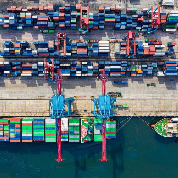 Aerial view of container terminal with colourful stacked containers